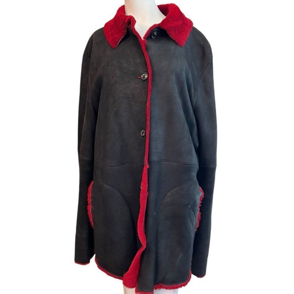 Gianfranco Ferre Forma Black Sheepskin Coat Red Trim Jacket Italy Size 56 2x